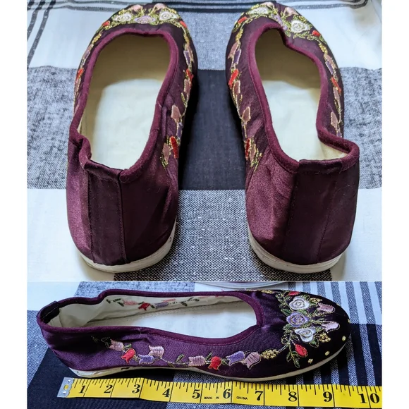 Sold🔴 NWOT silk embroidered Japanese floral rosette maroon ballet Slippers sz 8 - Picture 3 of 5
